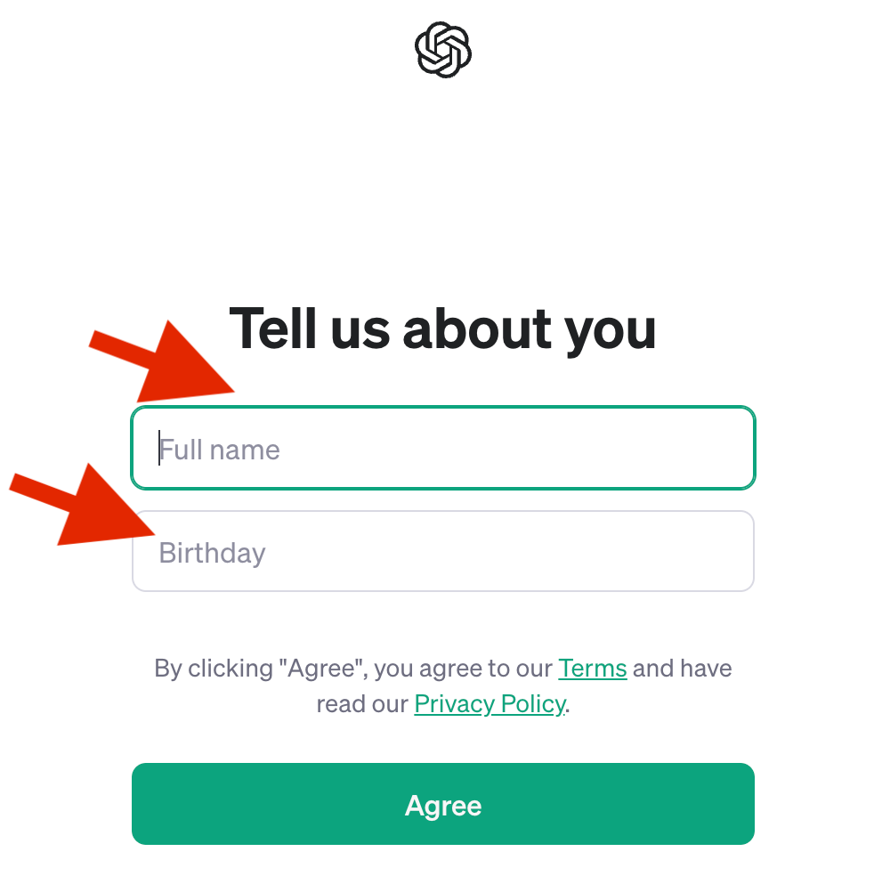 chatgpt sign up provide Name and Birthday